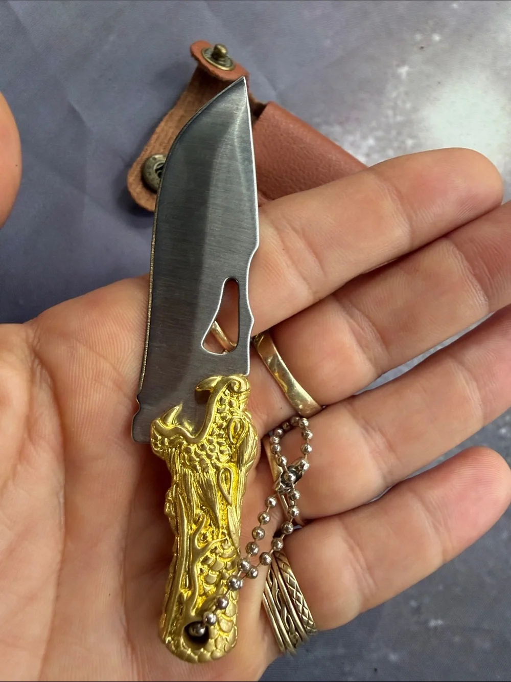 Men's handmade Brown Leather Sheath Knife with Gold plated dragon Handle